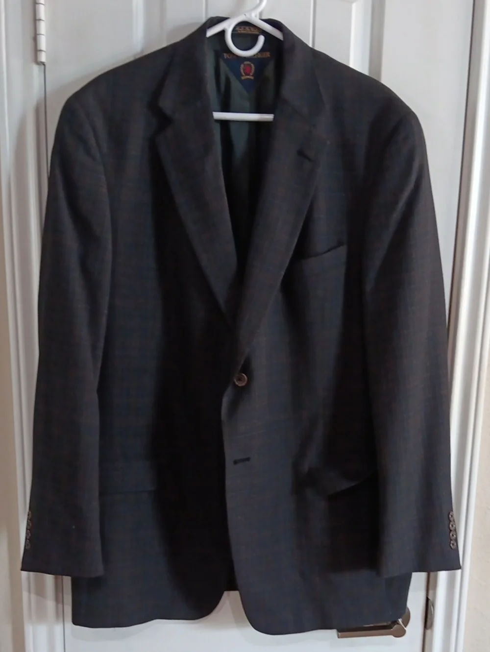 Vintage 90s Tommy Hilfiger Union Made Grey Plaid Sport Coat Blazer 44L Woolmark